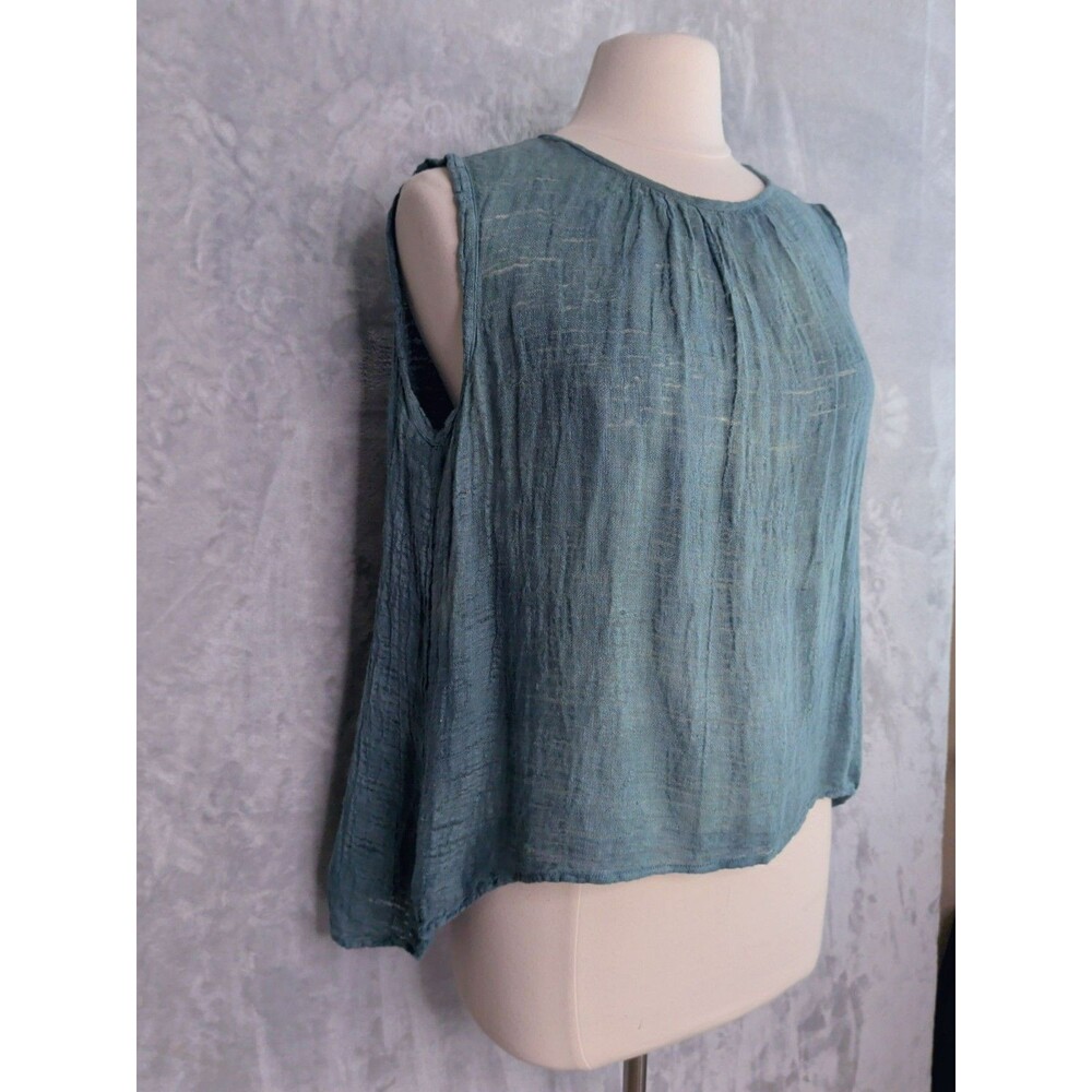 LA BOTTEGA Teal Gauzy Linen Sleeveless Top Size M Hi-Lo Flowy Layer Lightweight - Picture 5 of 13